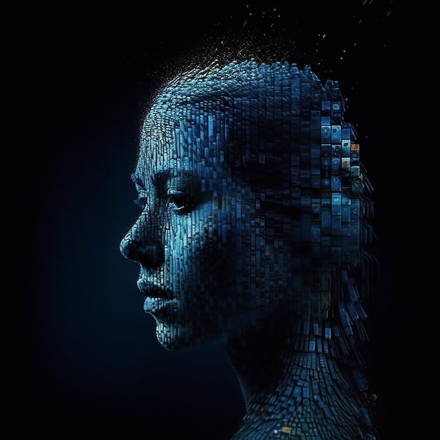 Future big data et visage humain avec innovation technologique et signal réseau sur fond de studio sombre Tête robotique ou femme avec maquette ou analyse futuriste avec connexion ou ai généré