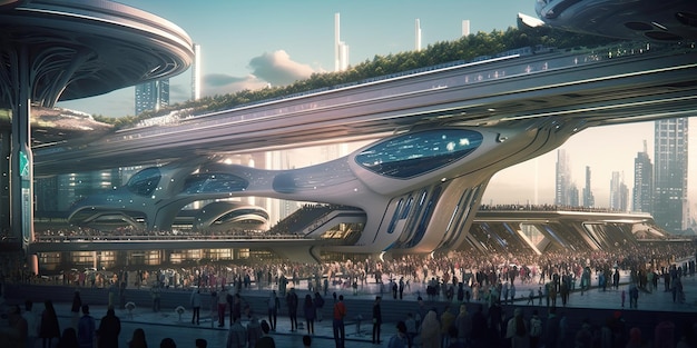 Une future gare ferroviaire complétée par un monorail et un trafic de trains de personnes Une architecture en béton La notion d'avenir Une illustration d'une qualité exceptionnelle