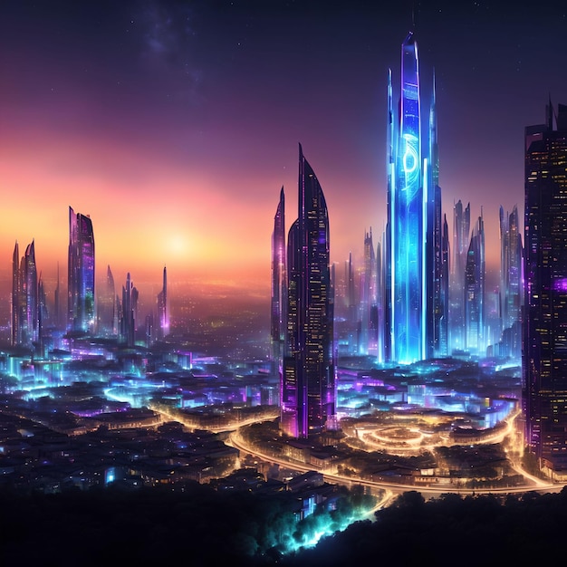 Future ville moderne fantastique la nuit art génératif par AI