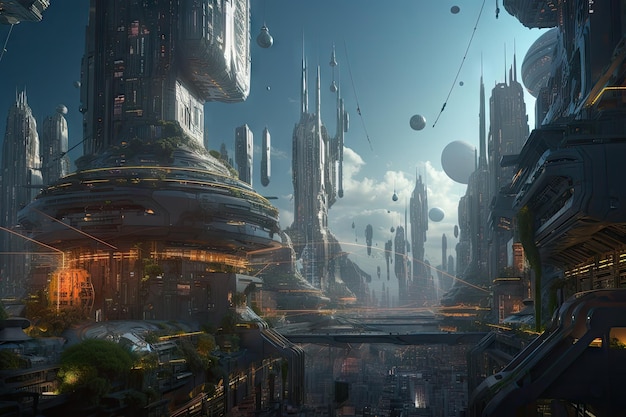 Une future ville spatiale avec des bâtiments imposants, des marchés animés et une technologie futuriste