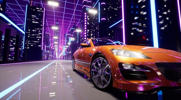 Future voiture de sport dans la ville de néon Metaverse et concept cyberpunk rendu 3d
