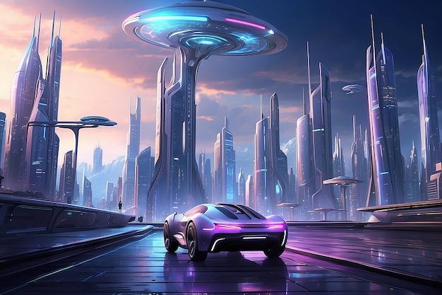 Le futurisme urbain Un paysage urbain étendu avec des tours étincelantes Des voitures à voile et un écran holographique imposant contre le ciel nocturne