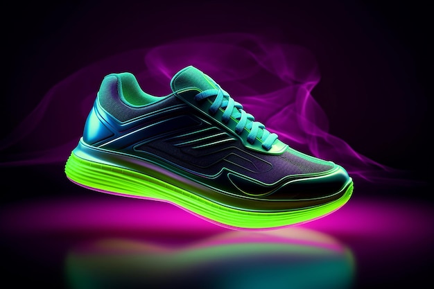 Futuriste mode chaussures de sport originales pour la course Design futur de chaussures sportives élégantes avec une lueur de néon Esthétique urbaine futuriste Style et mode de la chaussure de course de demain