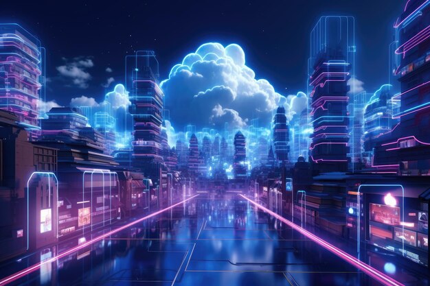 Futuriste de la ville intelligente numérique avec néon et réseau de fond technologique Generative Ai