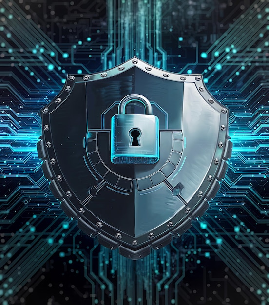 futuristic shield structure in a digital landscape