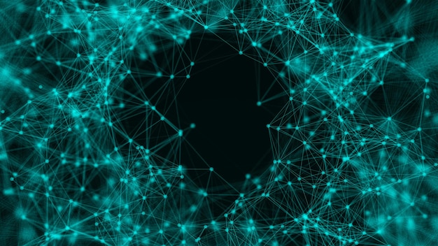 Fvoler dans un tunnel spatial technologique avec de nombreux points et lignes de connexion fond de structure de connexion rendu 3d