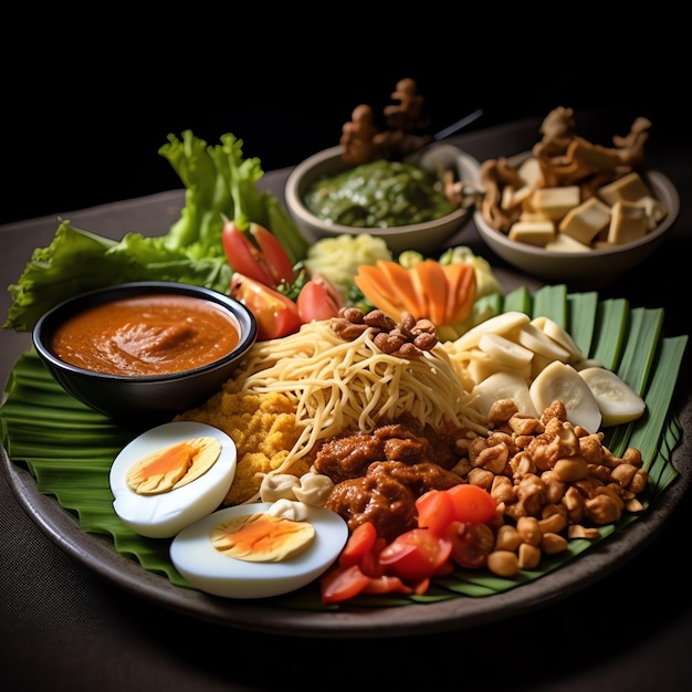 Photo gadogado nourriture traditionnelle indonésienne mix de légumes bouillis ou à la vapeur servis avec de la sauce d'arachide