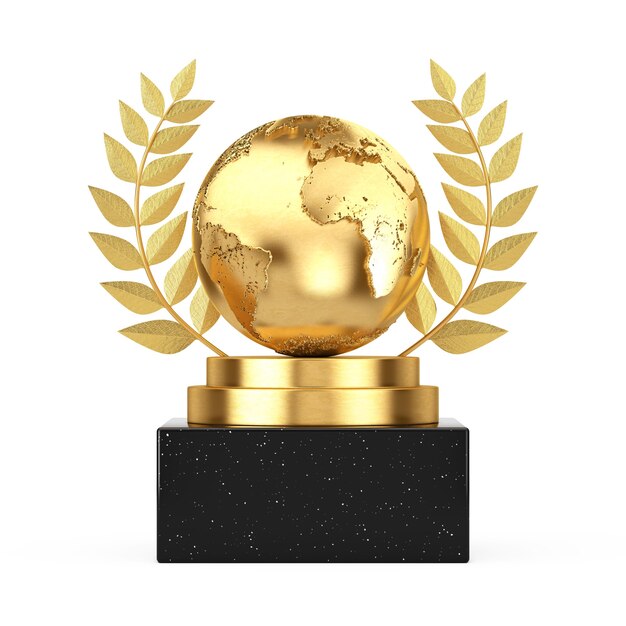 Gagnant Award Cube Gold Laurel Wreath Podium, scène ou piédestal avec Golden Earth Globe sur fond blanc. Rendu 3D