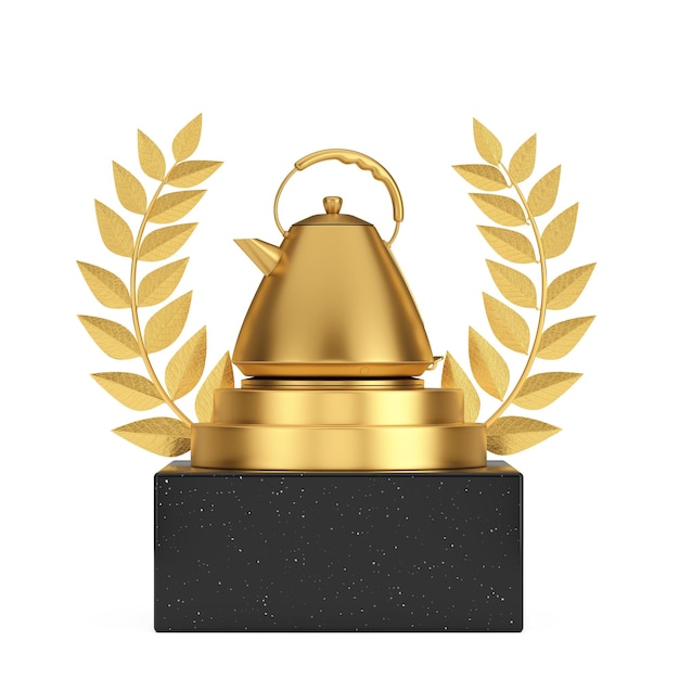 Gagnant Award Cube Gold Laurel Wreath Podium Stage ou piédestal avec Golden Modern Electric Kitchen Kettle 3d Rendering