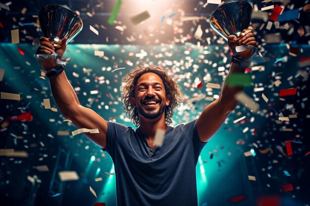 Photo un gagnant heureux sur scène tenant un trophée dans ses mains avec des confettis lumineux colorés avec une ia générative