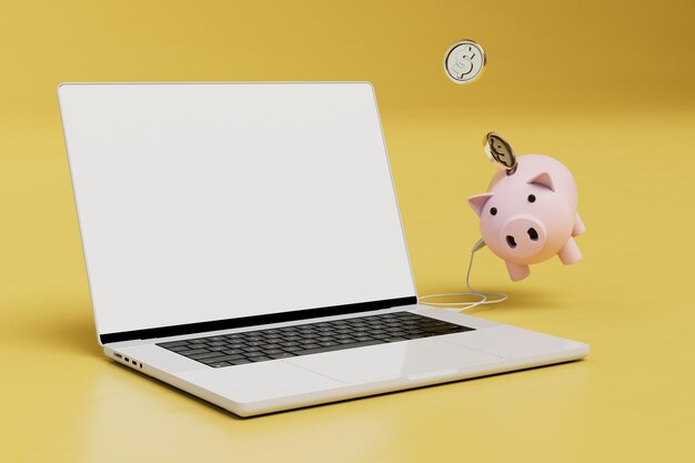 Gagner sur Internet un ordinateur portable et une tirelire avec une pièce d'un dollar connectée par un câble usb