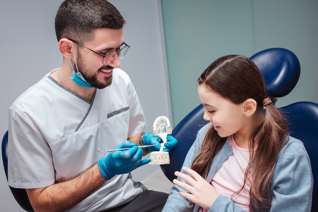 Gai dentiste masculin tenant la mâchoire artificielle avec des dents dans les mains.