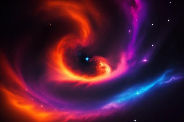 Une galaxie colorée avec un tourbillon violet et orange au centre.