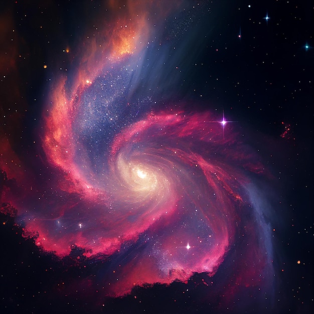 Une galaxie rose et bleue avec un tourbillon rose au centre.