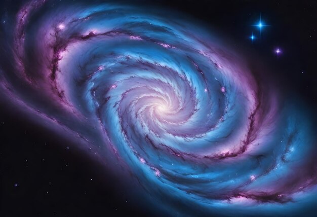 Photo galaxie spirale avec des bras proéminents présentant des nuances de bleu avec des galaxies plus petites et des étoiles dans le