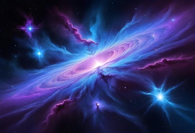 Galaxie spirale avec des nuances de bleu entourée de plus petites galaxies et d'étoiles sur un fond d'espace sombre