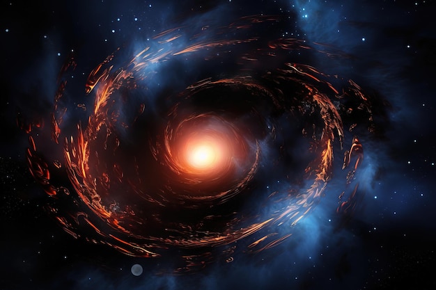 une galaxie spirale avec un trou noir au centre et un fond orange vif.