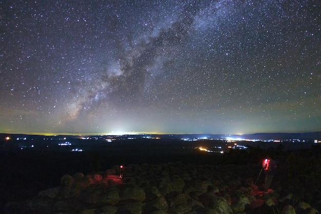 Galaxie de la voie lactée du paysage avec bouton au sol en pierre est le nom du point de vue de Lan Hin Pum au parc national de Phu Hin Rong Kla à Phitsanulok en Thaïlande