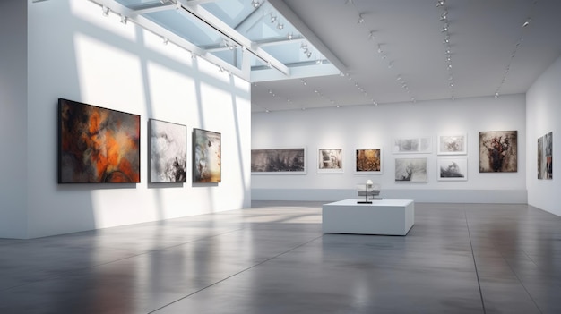 Une galerie d'art avec de belles peintures exposées sur des murs blancs minimalistes Generative AI