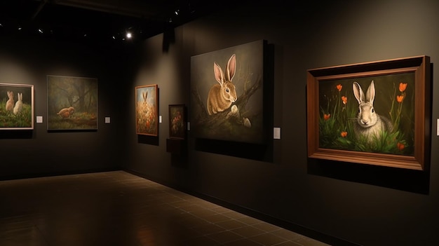 Une galerie avec des peintures au mur et une peinture d'un lapin au mur.