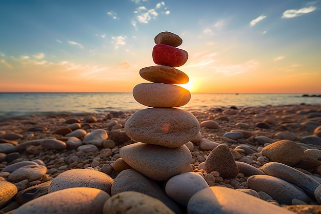 Galets empilés sur la plage avec coucher de soleil en arrière-plan AI Generative