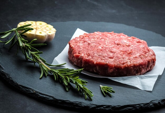 Galette de boeuf burger cru au romarin et à l'ail sur fond de cuisson sombre