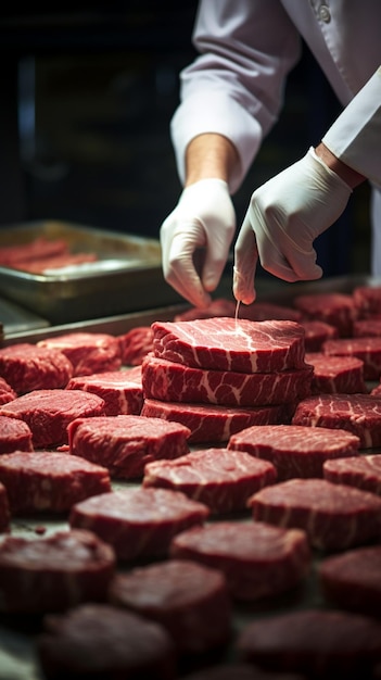 Les galettes de hamburger prennent forme sous les mains expertes de bouchers dédiés à la transformation Vertical Mobil