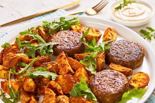 Galettes de lentilles végétaliennes avec pommes de terre au four et houmous