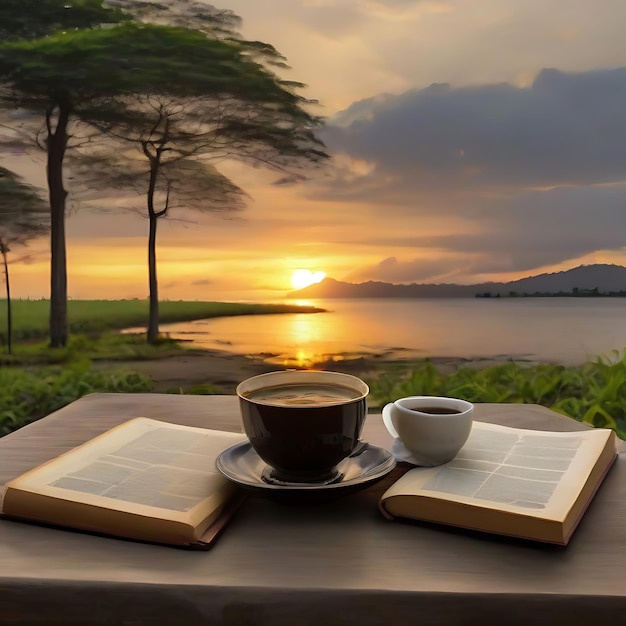 Gambar latar belakang sunrise yang indah dengan buku doa AI (le lever du soleil qui est merveilleux avec le livre qui est bien fait)