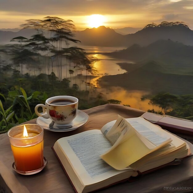 Photo gambar latar belakang sunrise yang indah dengan buku doa ai (le lever du soleil qui est merveilleux avec le livre qui est bien fait)