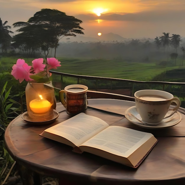 Photo gambar latar belakang sunrise yang indah dengan buku doa ai (le lever du soleil qui est merveilleux avec le livre qui est bien fait)
