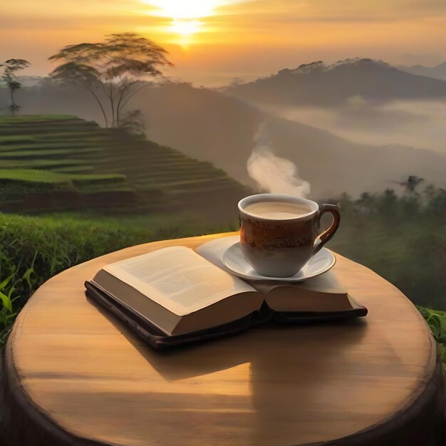 Photo gambar latar belakang sunrise yang indah dengan buku doa ai (le lever du soleil qui est merveilleux avec le livre qui est bien fait)