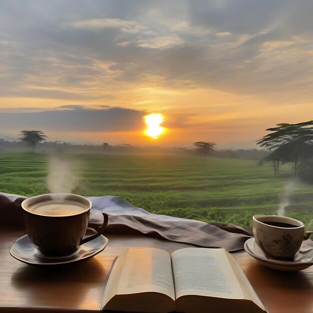 Gambar latar belakang sunrise yang indah dengan buku doa AI (le lever du soleil qui est merveilleux avec le livre qui est bien fait)