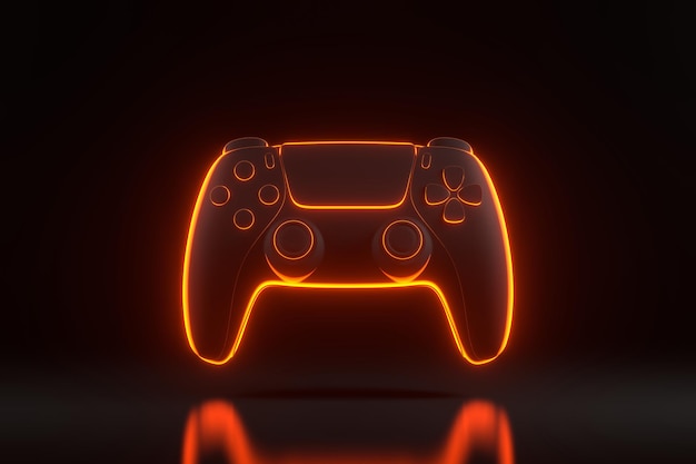 Gamepad avec des néons orange futuristes brillants sur fond noir rendu 3D