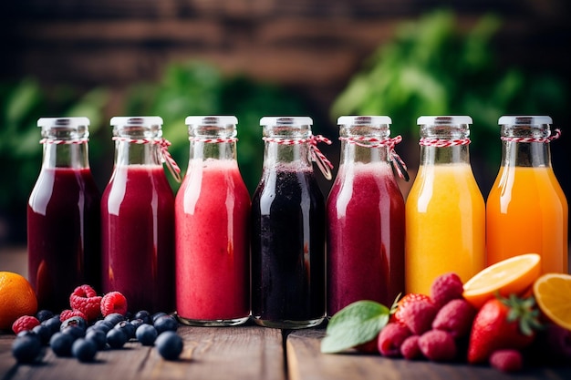 Photo une gamme de bouteilles colorées remplies de différentes saveurs de jus de baies