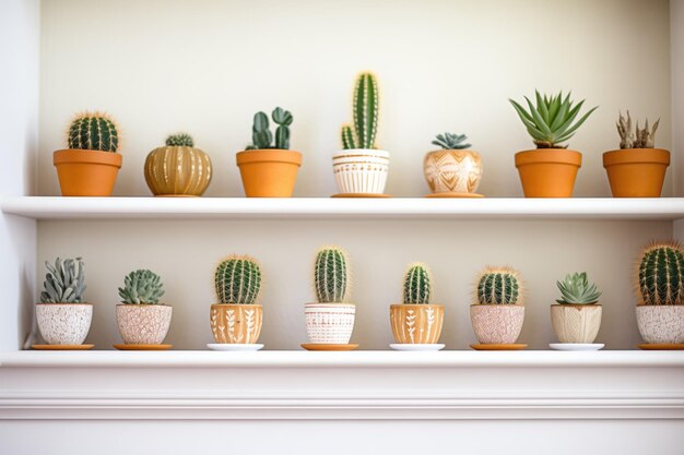 Gamme de cactus en pot dans une rangée sur étagère