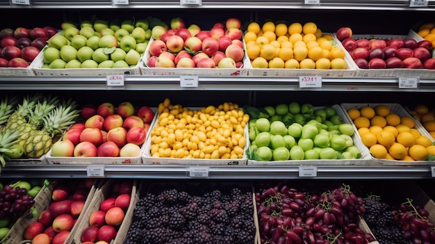 Gamme colorée de fruits frais exposés chez l'IA générative du marchand de légumes local