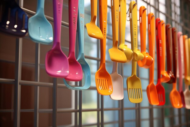 Photo une gamme colorée de spatules en silicone suspendues proprement 00091 03