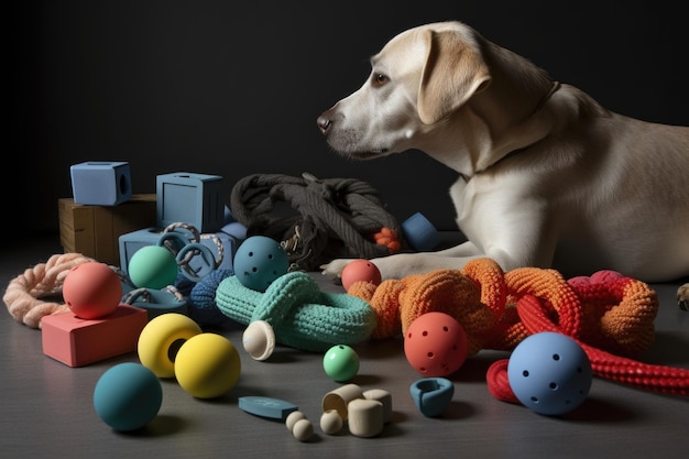 Photo gamme de différents types de jouets pour animaux de compagnie, chacun prêt pour la récréation, créé avec une ia générative