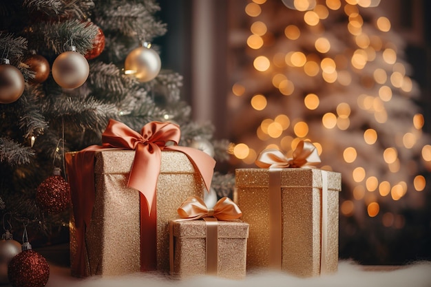 Une gamme d'élégants coffrets cadeaux de Noël contre un arbre de Noël joliment décoré