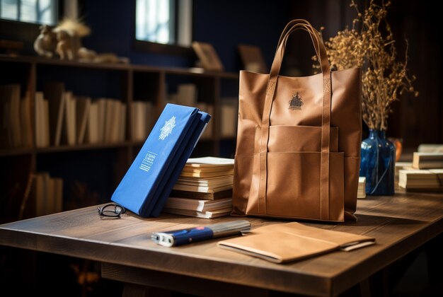 une gamme d'élégants produits de bureau en cuir posés sur une surface sombre dans le style azur foncé et beige