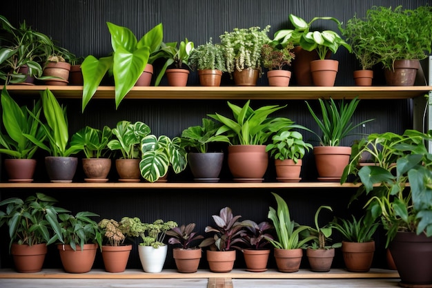 Une gamme de plantes en pot de différentes tailles sur des étagères en bois