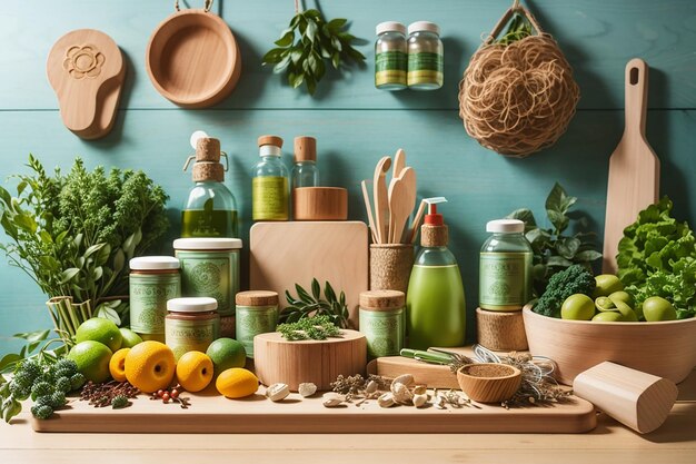 Photo une gamme de produits écologiques durables et biologiques sur le panneau en bois avec un fond de marché vert inspiré de la nature