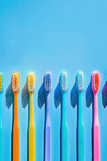 Une gamme vibrante de brosses à dents colorées bien alignées sur un fond bleu vif