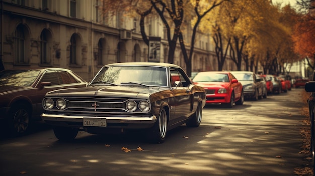Une gamme vibrante de voitures de muscle classiques dotées d'une peinture brillante et de détails en chrome symbolise l'histoire et la culture automobiles américaines.