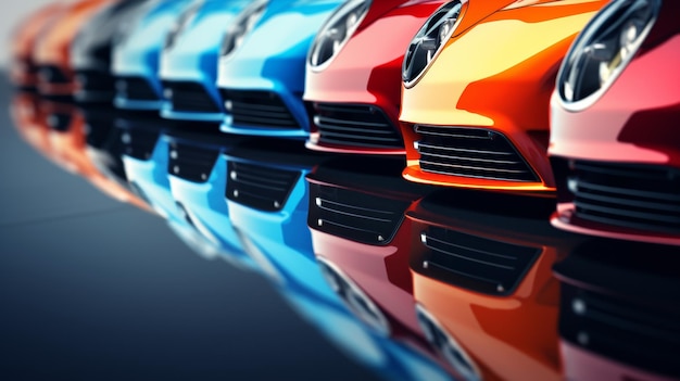 Une gamme vibrante de voitures de sport avec un accent sur un devant de voitures rouges Le fond flou montre diverses voitures colorées disposées en rangée