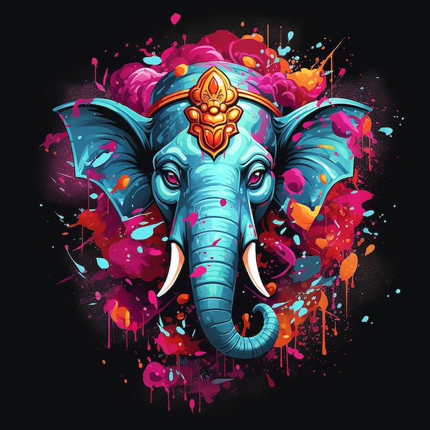 Ganesh Dieu de l'éléphant indien Une illustration détaillée en rouge avec des éclaboussures magiques et des vibrations sombres