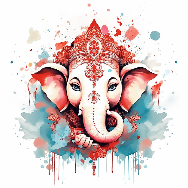 Ganesh Dieu de l'éléphant indien Une illustration détaillée en rouge avec des éclaboussures magiques et des vibrations sombres