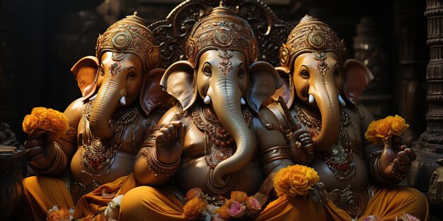 Les Ganesha sont représentés dans leur posture assise avec des mains et des bras plaqués en or.