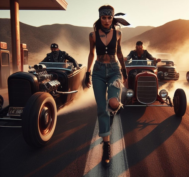 Photo un gang de pinup girl et de vandales hipsters rétro dans des hot rods steampunk et des vélos tunés brûlant du caoutchouc